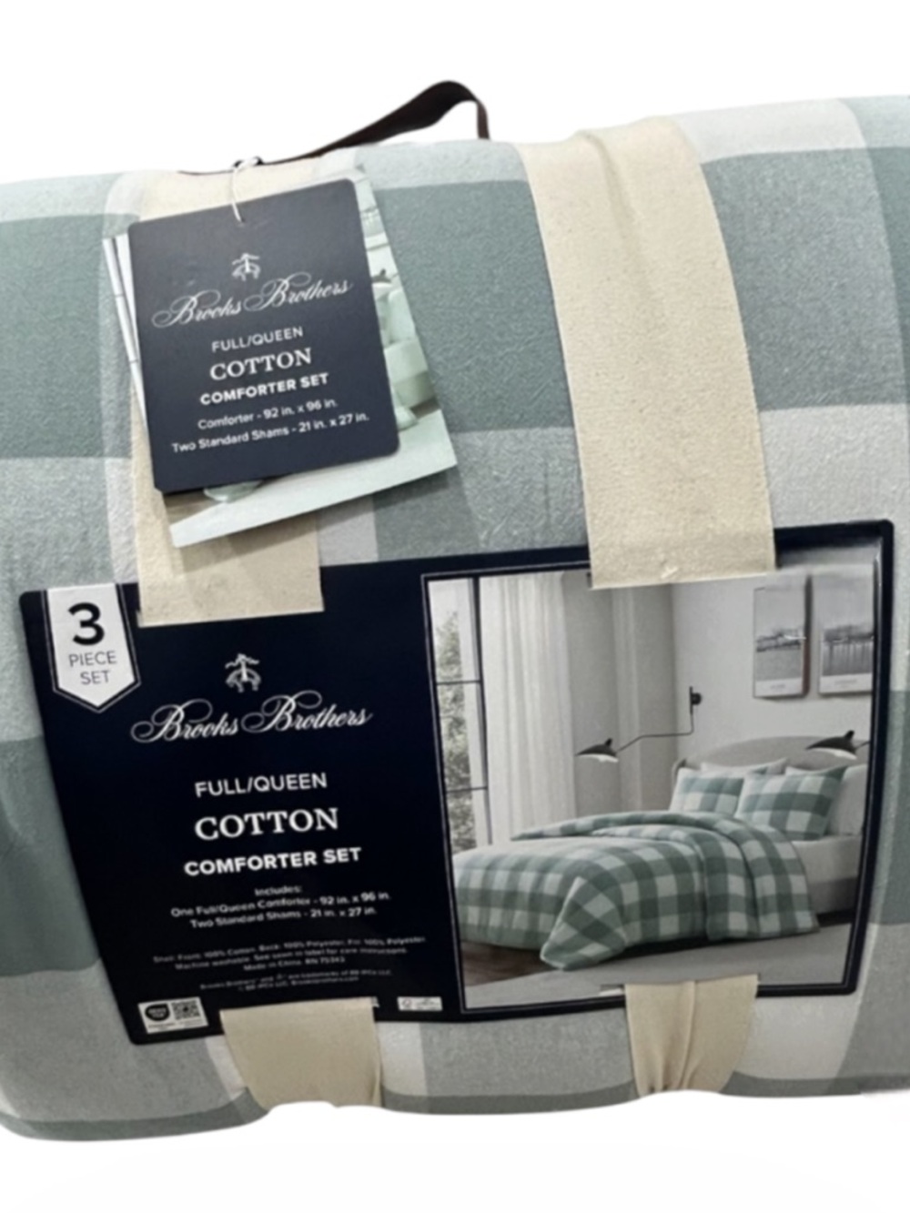 Brooks Brothers Full/Queen Green and White Plaid Cotton Comforter Set 92”x96”